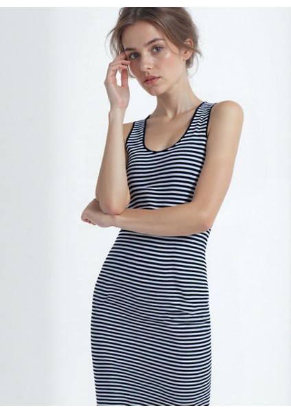 Beyaz Siyah Çizgili Kolsuz Pamuk Karışımlı Midi Boy Kadın Elbise Daphne S/l Long Dress
