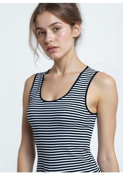 Beyaz Siyah Çizgili Kolsuz Pamuk Karışımlı Midi Boy Kadın Elbise Daphne S/l Long Dress modelleri