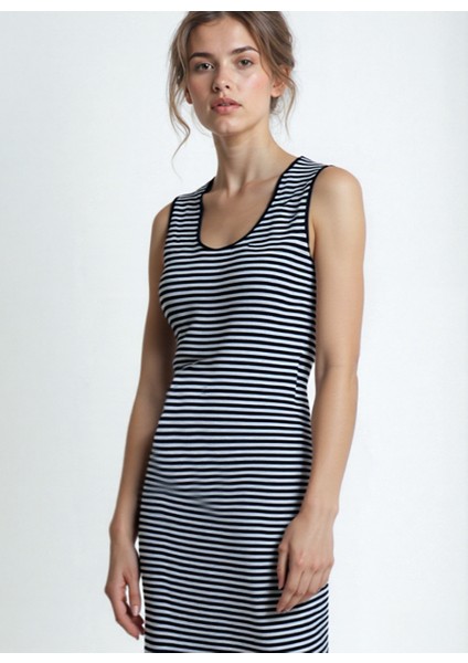 Beyaz Siyah Çizgili Kolsuz Pamuk Karışımlı Midi Boy Kadın Elbise Daphne S/l Long Dress fırsatları