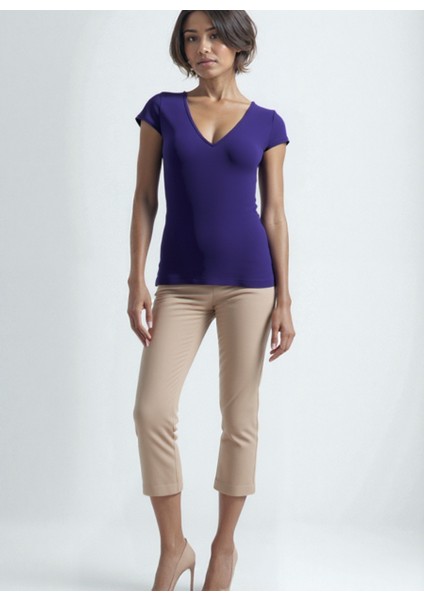 Mor V Yaka Kısa Kollu Kadın T-Shirt Vallı V-Neck fiyatları