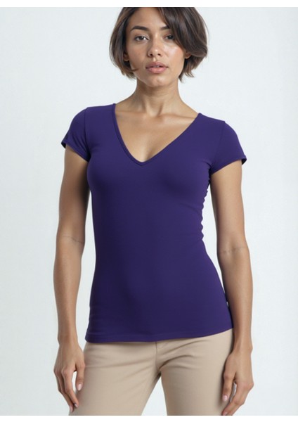 Mor V Yaka Kısa Kollu Kadın T-Shirt Vallı V-Neck modelleri
