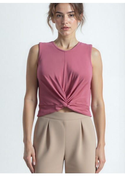 Koyu Pembe Bisiklet Yaka Pamuklu Kolsuz Crop Kadın T-Shirt Tıana