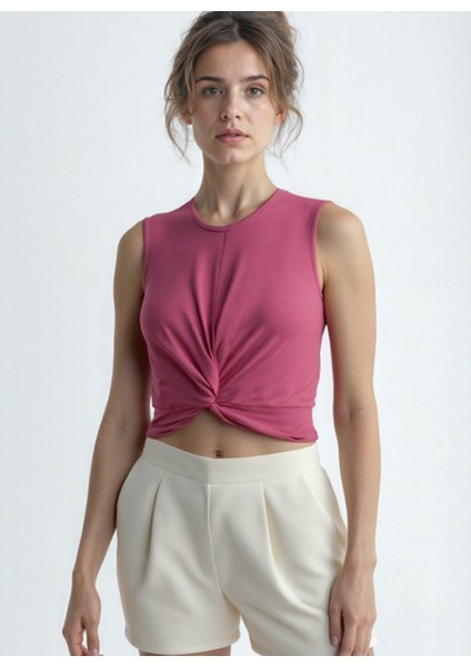 Şeker Pembe Bisiklet Yaka Pamuklu Kolsuz Crop Kadın T-Shirt Tıana