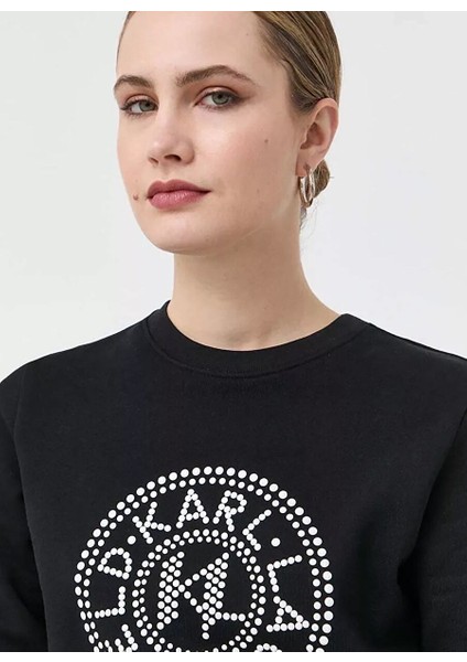 Bisiklet Yaka Baskılı Siyah Kadın Sweatshırt 231W1805