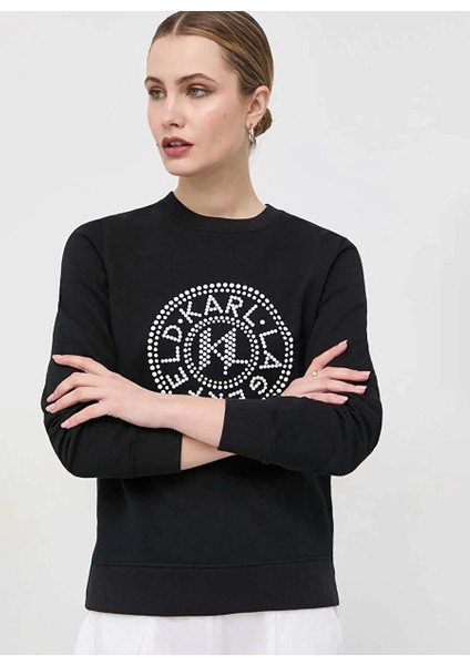Bisiklet Yaka Baskılı Siyah Kadın Sweatshırt 231W1805