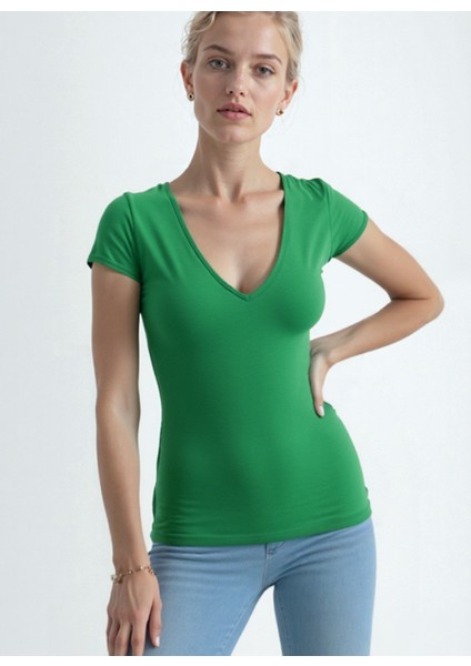 Parlak Yeşil V Yaka Kısa Kollu Kadın T-Shirt Vallı V-Neck