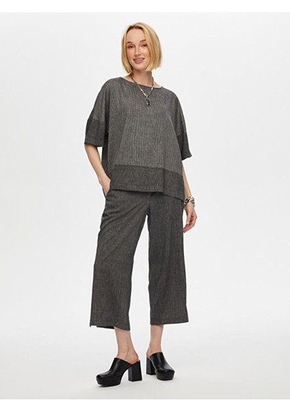 Çizgili ve Düz Garnili Casual Form Ketenli Bluz S25BLZ032