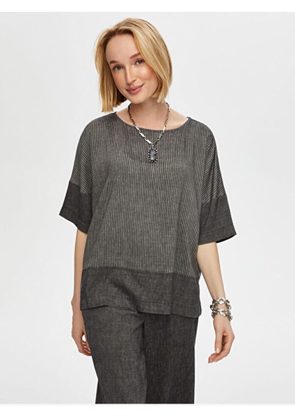 Çizgili ve Düz Garnili Casual Form Ketenli Bluz S25BLZ032 fiyatları