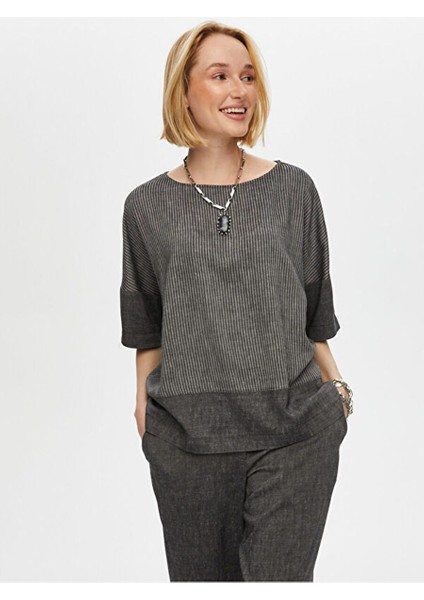 Çizgili ve Düz Garnili Casual Form Ketenli Bluz S25BLZ032 modelleri