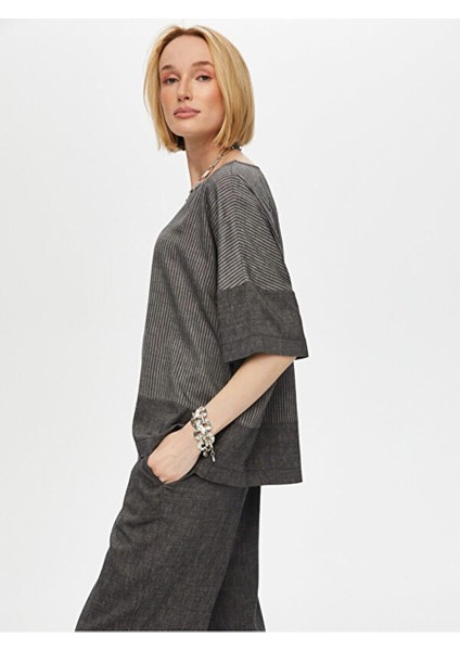Çizgili ve Düz Garnili Casual Form Ketenli Bluz S25BLZ032 fırsatları