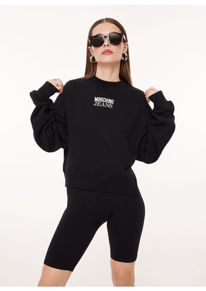 Bisiklet Yaka Baskılı Siyah Kadın Sweatshırt J1702