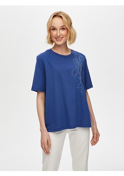 Baskı ve Zincir Nakış Detaylı Yuvarlak Yaka Kısa Kol T-Shirt S25TSH079
