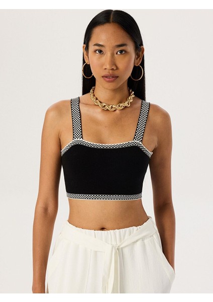 Triko Dama Desen Crop - Siyah