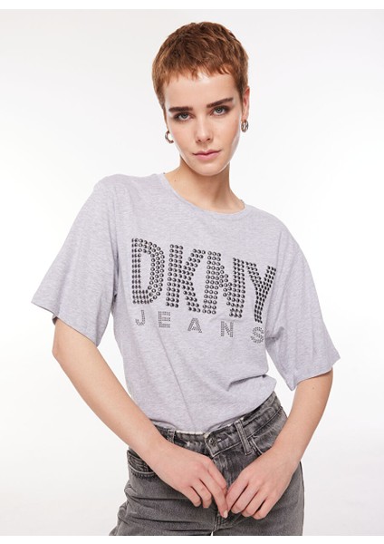 Gri Kadın Bisiklet Yaka Truvakar Kol Baskılı T-Shirt E3ITCUSB