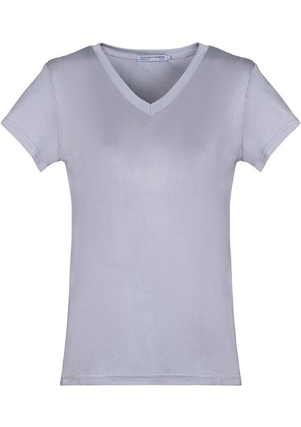 Gri Marina Ipekli V Yaka Kısa Kollu T-Shirt