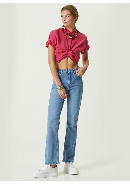 Açık Indigo Mavi Kadın Yüksek Bel Straight Denim Pantolon 1086336