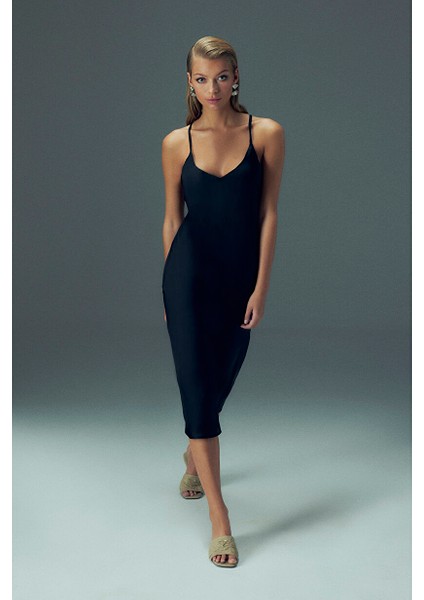 Ipeksi Saten Maxi Slip Elbise Siyah