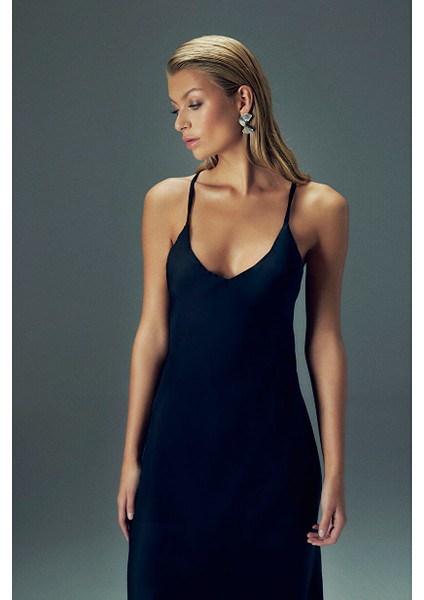 Ipeksi Saten Maxi Slip Elbise Siyah