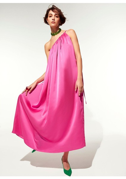 Chrissy Tek Omuz Saten Elbise Pembe