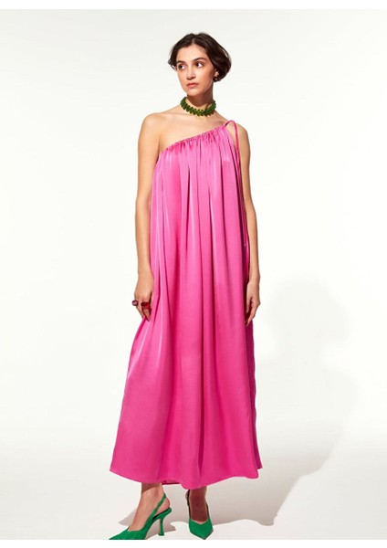 Chrissy Tek Omuz Saten Elbise Pembe