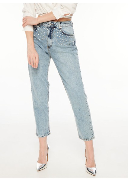 Yüksek Bel Boru Paça Straight Indigo Kadın Denim Pantolon F3WL-PNT32 fırsatları