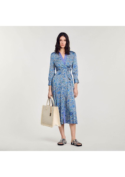 Belden Bağlamalı Floral Saten Elbise