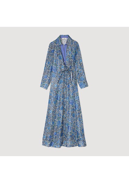 Belden Bağlamalı Floral Saten Elbise