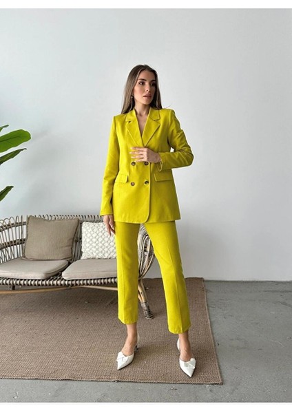 Kadın Fıstık Yeşili Organik Keten Düğmeli Blazer Ceket Pantolon Takım fiyatları