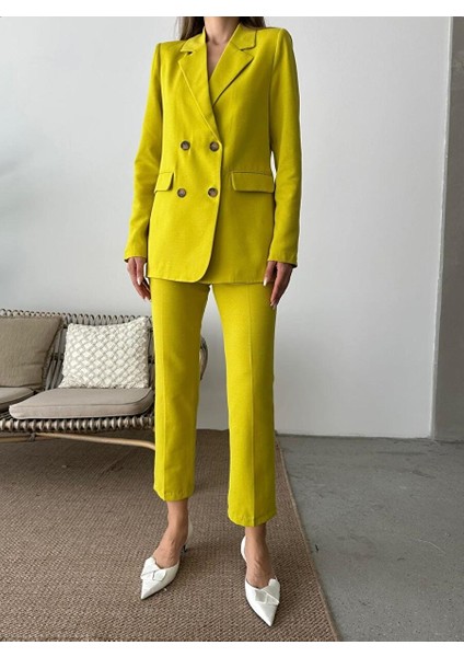 Kadın Fıstık Yeşili Organik Keten Düğmeli Blazer Ceket Pantolon Takım fırsatları