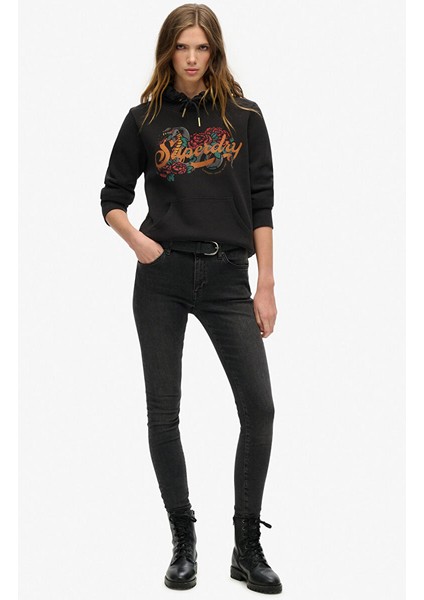 Siyah Kadın Kapüşon Standart Baskılı Sweatshirt W2012130A