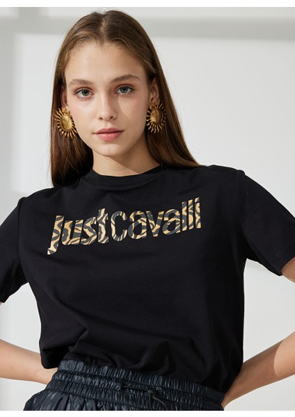 Bisiklet Yaka Baskılı Siyah Kadın T-Shirt 74PBHG03