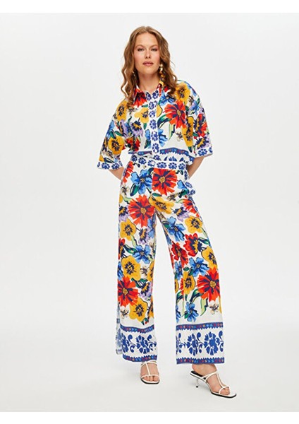 Resort Çiçek Desen Paçası Yırtmaçlı Wide Leg Fit Viskon Pantolon S25PNT045