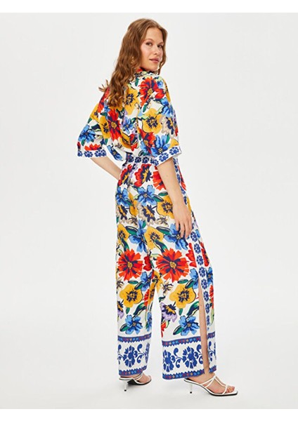 Resort Çiçek Desen Paçası Yırtmaçlı Wide Leg Fit Viskon Pantolon S25PNT045