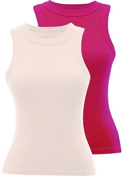 2’li Beyaz, Pembe Bisiklet Yaka Pamuk Elastan Karışımı Kadın Kolsuz T-Shirt Wmclara Rıb Tank Top