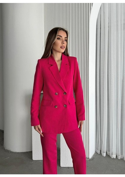 Kadın Fuşya Organik Keten Düğmeli Blazer Ceket Pantolon Takım