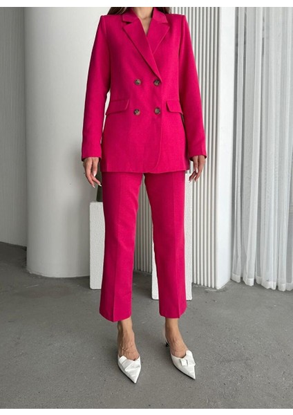 Kadın Fuşya Organik Keten Düğmeli Blazer Ceket Pantolon Takım modelleri