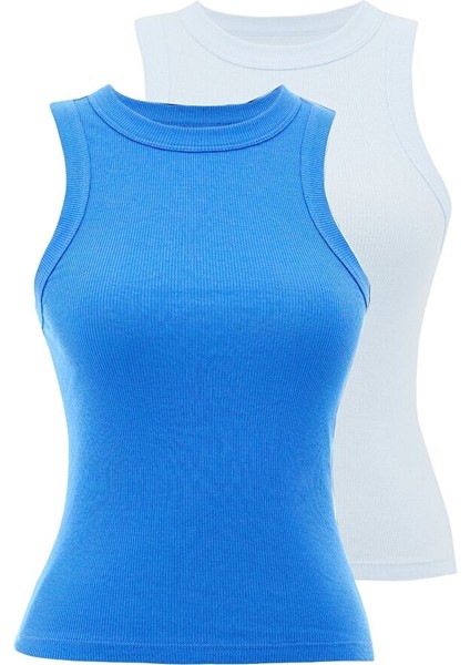 2’li Beyaz, Mavi Bisiklet Yaka Pamuk Elastan Karışımı Kadın Kolsuz T-Shirt Wmclara Rıb Tank Top