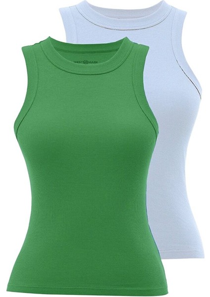 2’li Beyaz,yeşil Bisiklet Yaka Pamuk Elastan Karışımı Kadın Kolsuz T-Shirt Wmclara Rıb Tank Top