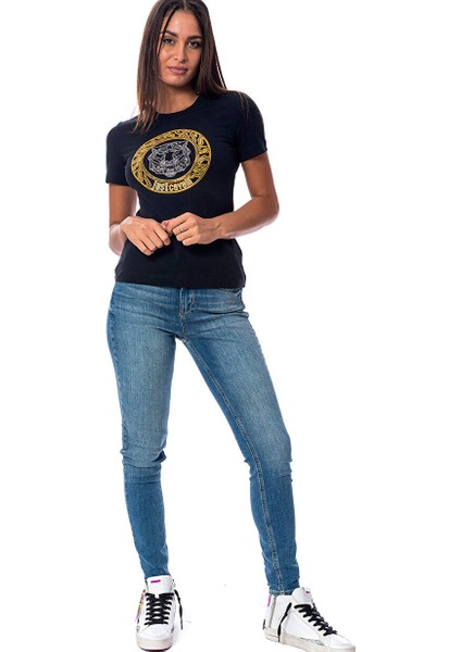 Bisiklet Yaka Baskılı Siyah Kadın T-Shirt 75PAHE05