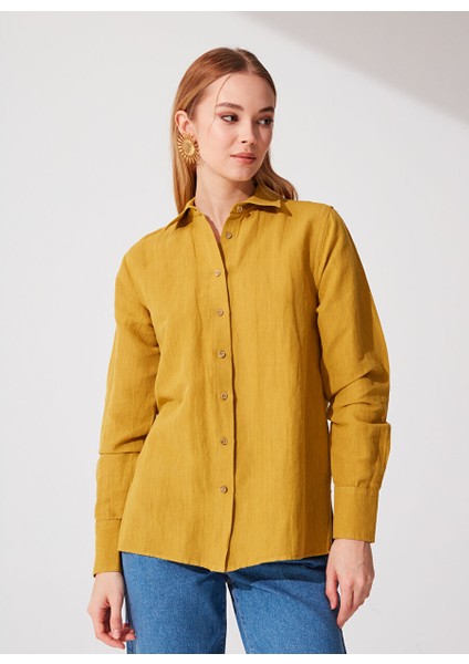 Yağ Yeşili Kadın Comfort Fit Keten Gömlek Keto
