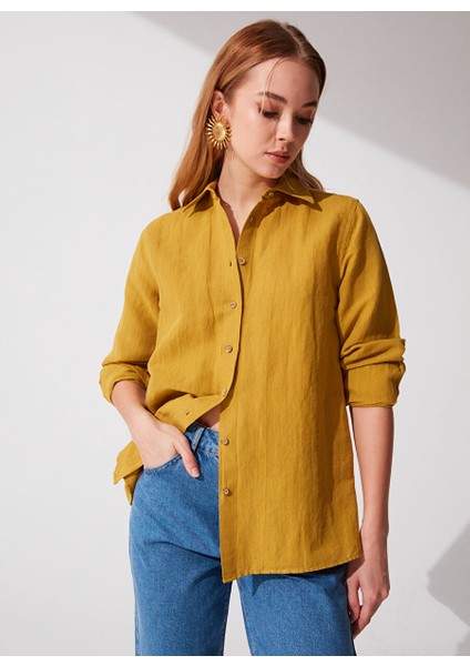 Yağ Yeşili Kadın Comfort Fit Keten Gömlek Keto fiyatları