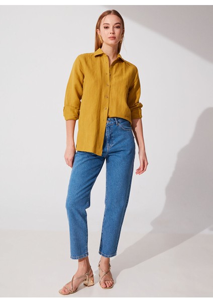 Yağ Yeşili Kadın Comfort Fit Keten Gömlek Keto modelleri