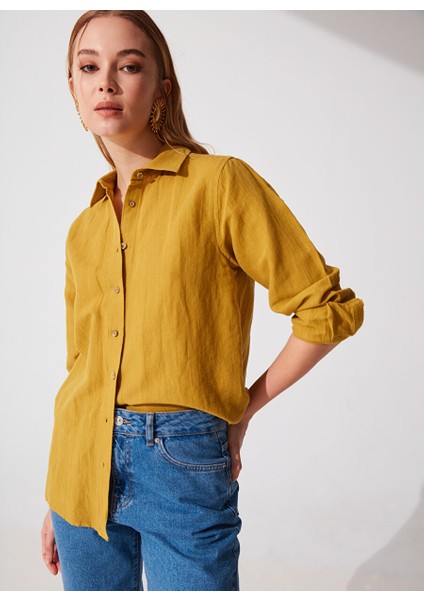 Yağ Yeşili Kadın Comfort Fit Keten Gömlek Keto fırsatları