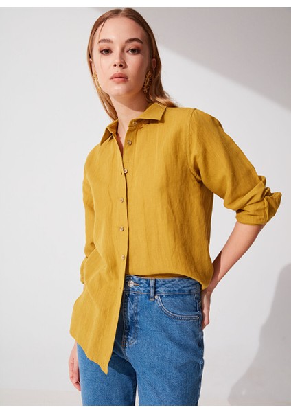 Yağ Yeşili Kadın Comfort Fit Keten Gömlek Keto