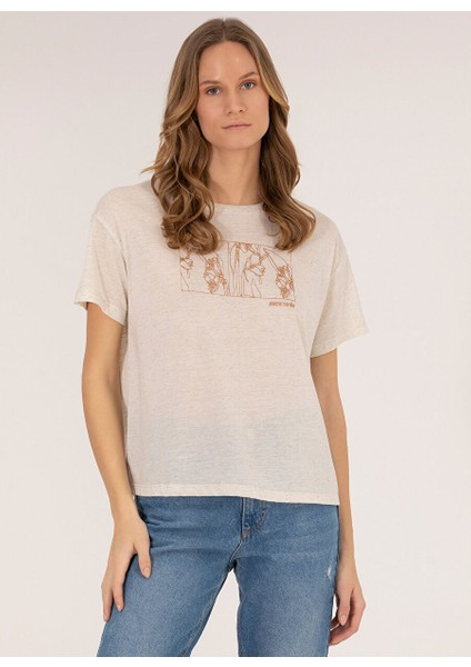 Bisiklet Yaka Bej Kadın T-Shirt Zımena