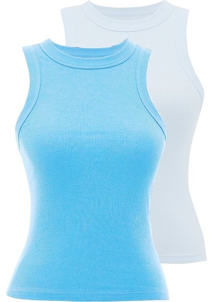 2’li Beyaz, Açık Mavi Bisiklet Yaka Pamuk Elastan Karışımı Kadın Kolsuz T-Shirt Wmclara Rıb Tank Top