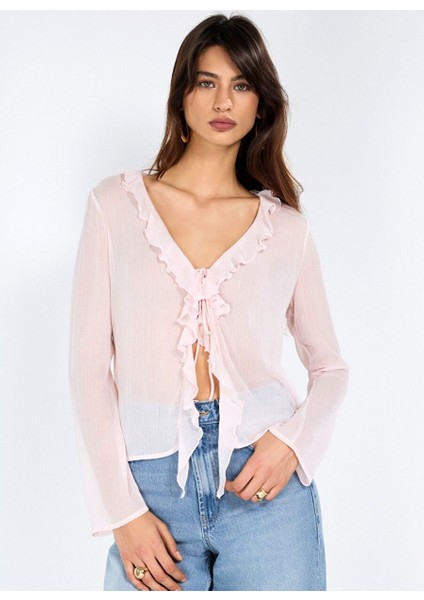 Fırfır Detaylı Pembe Şifon Bluz