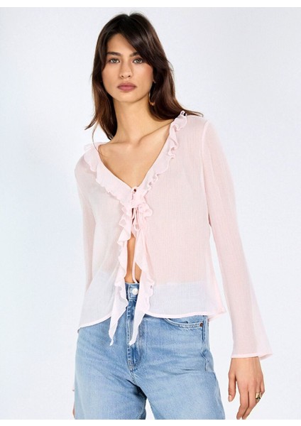 Fırfır Detaylı Pembe Şifon Bluz modelleri