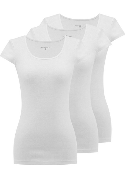 3'lü Beyaz Bisiklet Yaka Pamuklu Kısa Kollu Kadın Ribana Atlet Eva Rıb Capsleeve Top