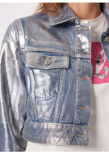 Indigo Kız Çocuk Crop Varaklı Denim Ceket BRB4SL-CKT6072